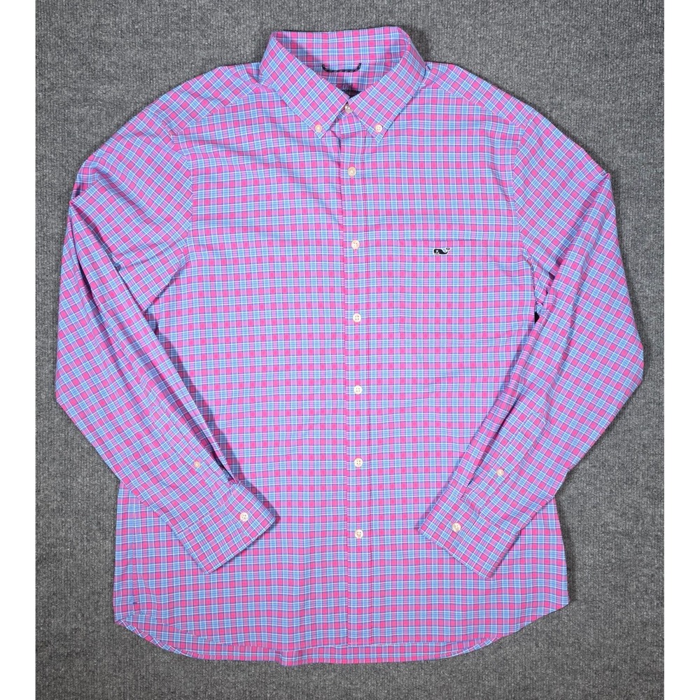 Vineyard Vines Mens Lg On-The-Go Performance Plaid Button Down Shirt Pink Blue